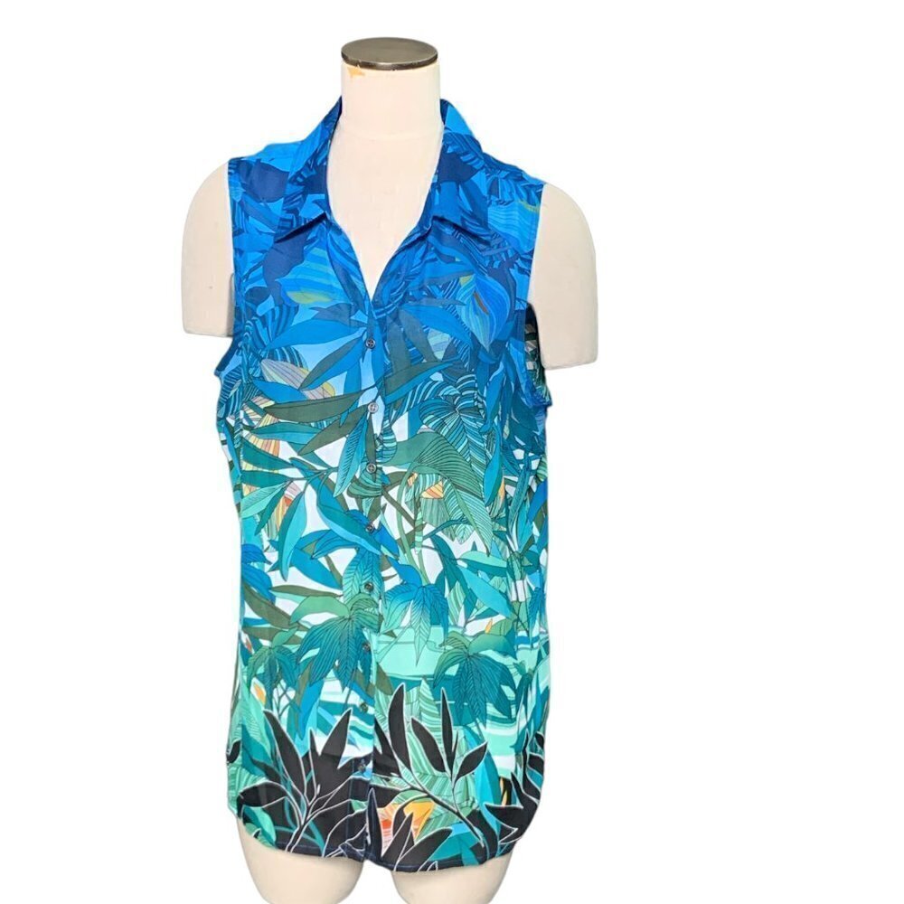 Christopher & Banks Tropical Floral Sleeveless Button Front‎ Top XL Blues 110D